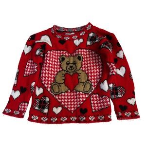 Vintage Y2K Basic Editions Teddy Bear Heart Girls Knit Sweater Size 4T Cozy
